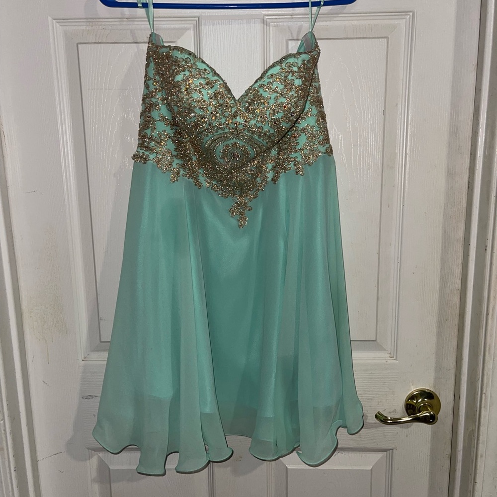 Elegant Aqua Dress with Gold Embellishments